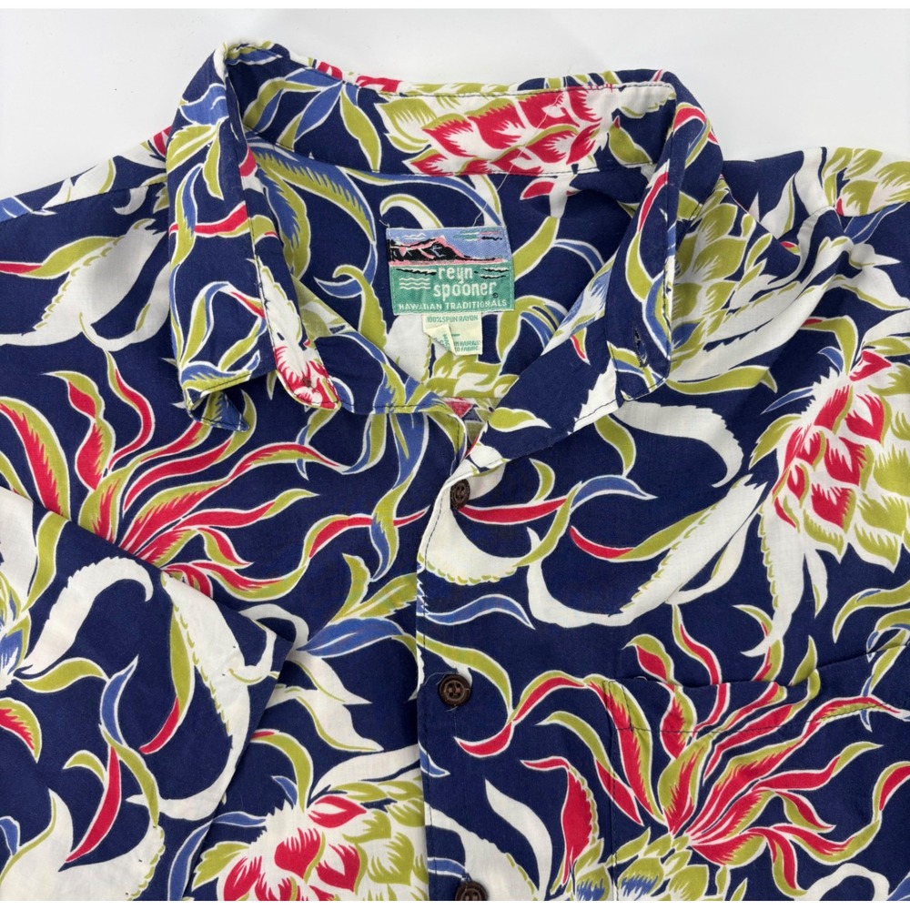Vintage Reyn Spooner Hawaiian Traditions Shirt Men's L Navy Floral Rayon Aloha